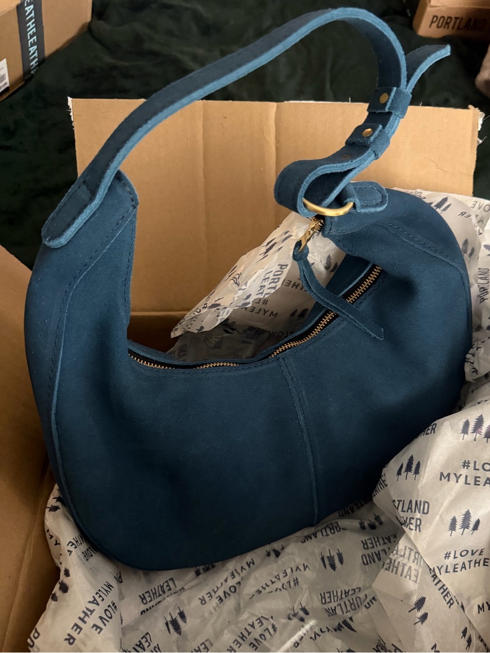 Suede Large Nora Crescent Shoulder Bag in Mariner Blue Teal - Portland Leather
